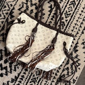 Generic White Monogram Canvas Tote with Brown Braided Handles and Tassels